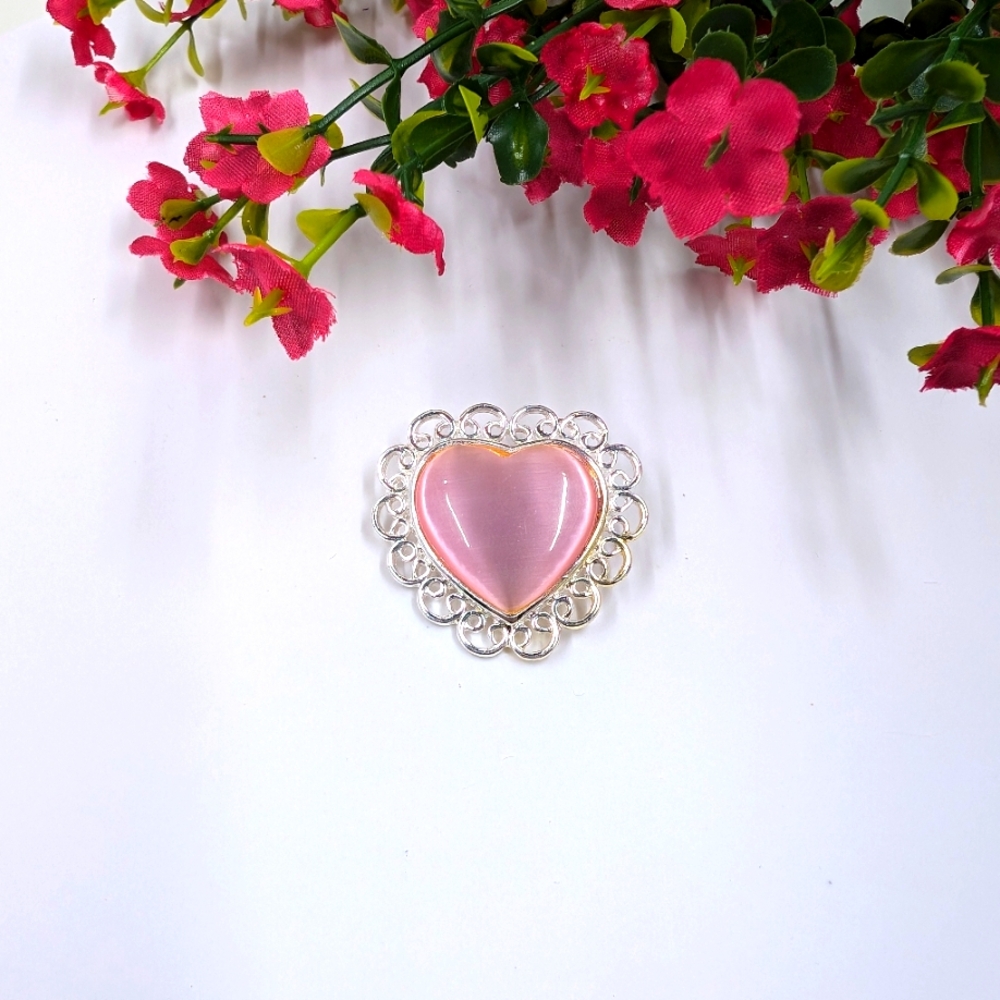 Pink Cats Eye Stone Heart with Filigree Design Vintage Brooch